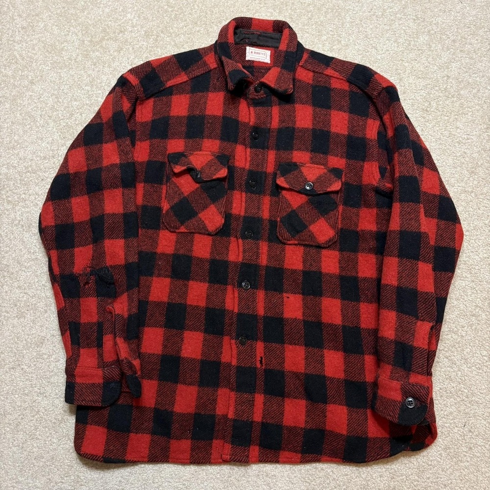 Vtg Brent‎ Wool Flannel Mens Large Red Black Buffalo Plaid Montgomery Ward 50s